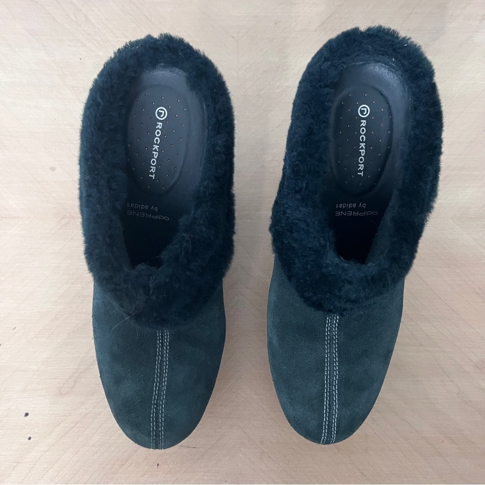 Rockport Forest Green Suede Wooden Clog with Faux Fur Trim Women's - Picture 4 of 11